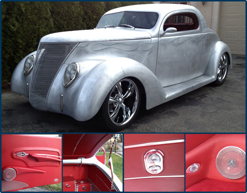 Picture of beautiful custom 1937 and several smaller images of interior parts within that car